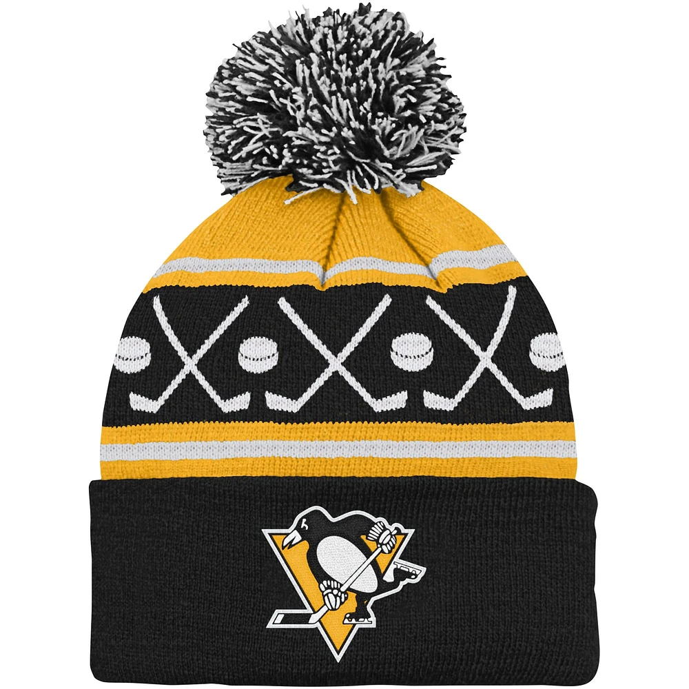 Bonnet en tricot à revers face-off des Penguins de Pittsburgh noir pour bébé avec pompon