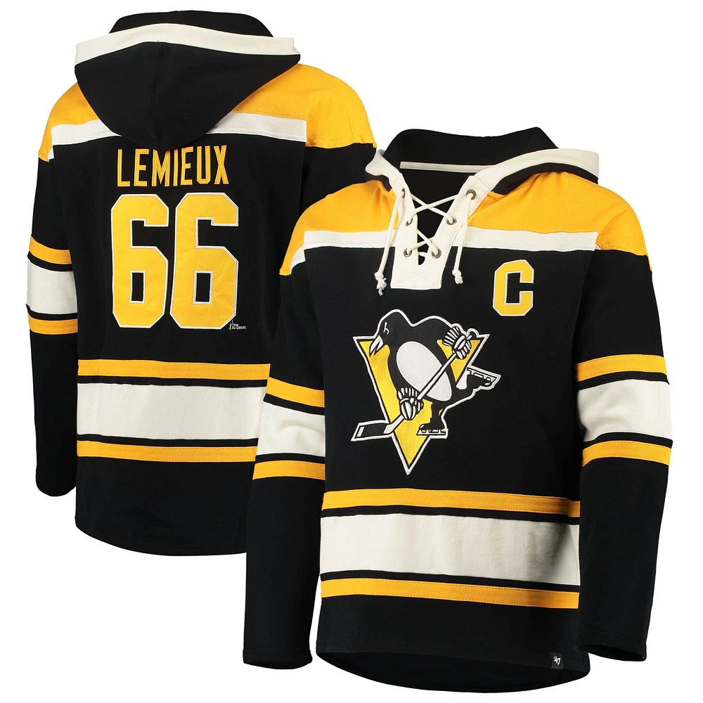 Chandail à capuchon Lacer avec nom et numéro du joueur la retraite des Penguins de Pittsburgh pour hommes '47 Mario Lemieux, noir