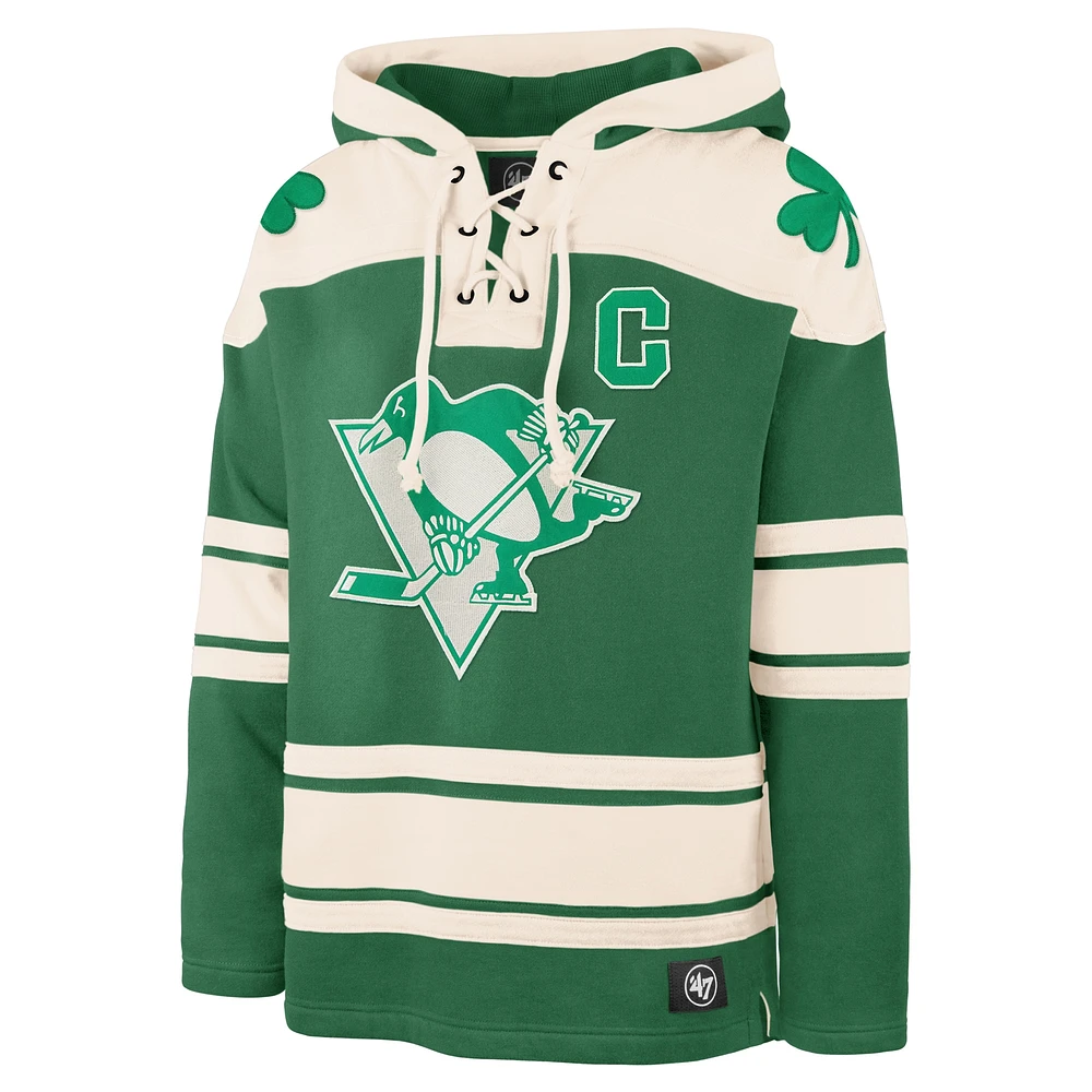 Men's '47 Sidney Crosby Kelly Green Pittsburgh Penguins St. Patrick's Day Player Name & Number Lacer Pullover Hoodie
