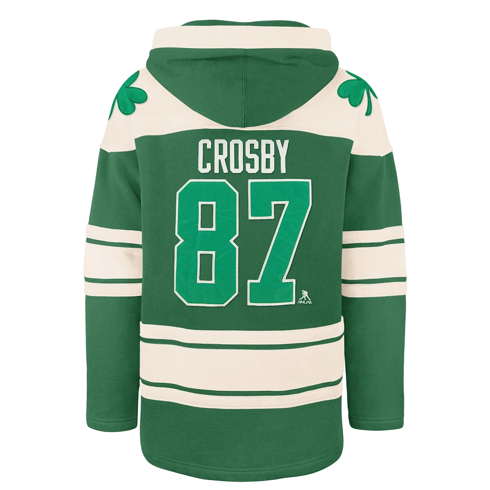 Men's '47 Sidney Crosby Kelly Green Pittsburgh Penguins St. Patrick's Day Player Name & Number Lacer Pullover Hoodie
