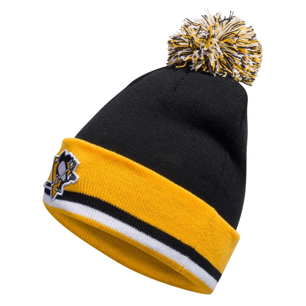 Men's adidas Black Pittsburgh Penguins Team Stripe Cuffed Knit Hat with Pom