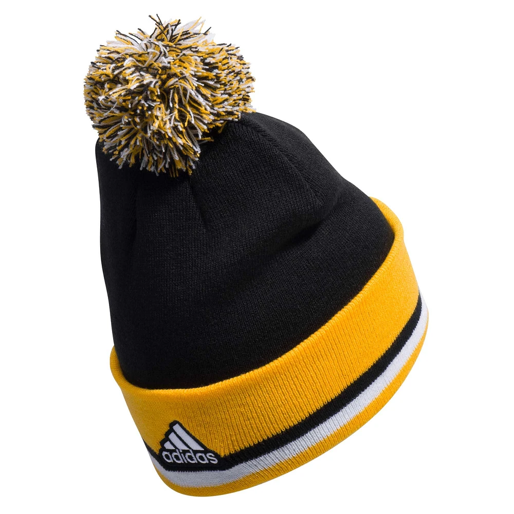 Men's adidas Black Pittsburgh Penguins Team Stripe Cuffed Knit Hat with Pom