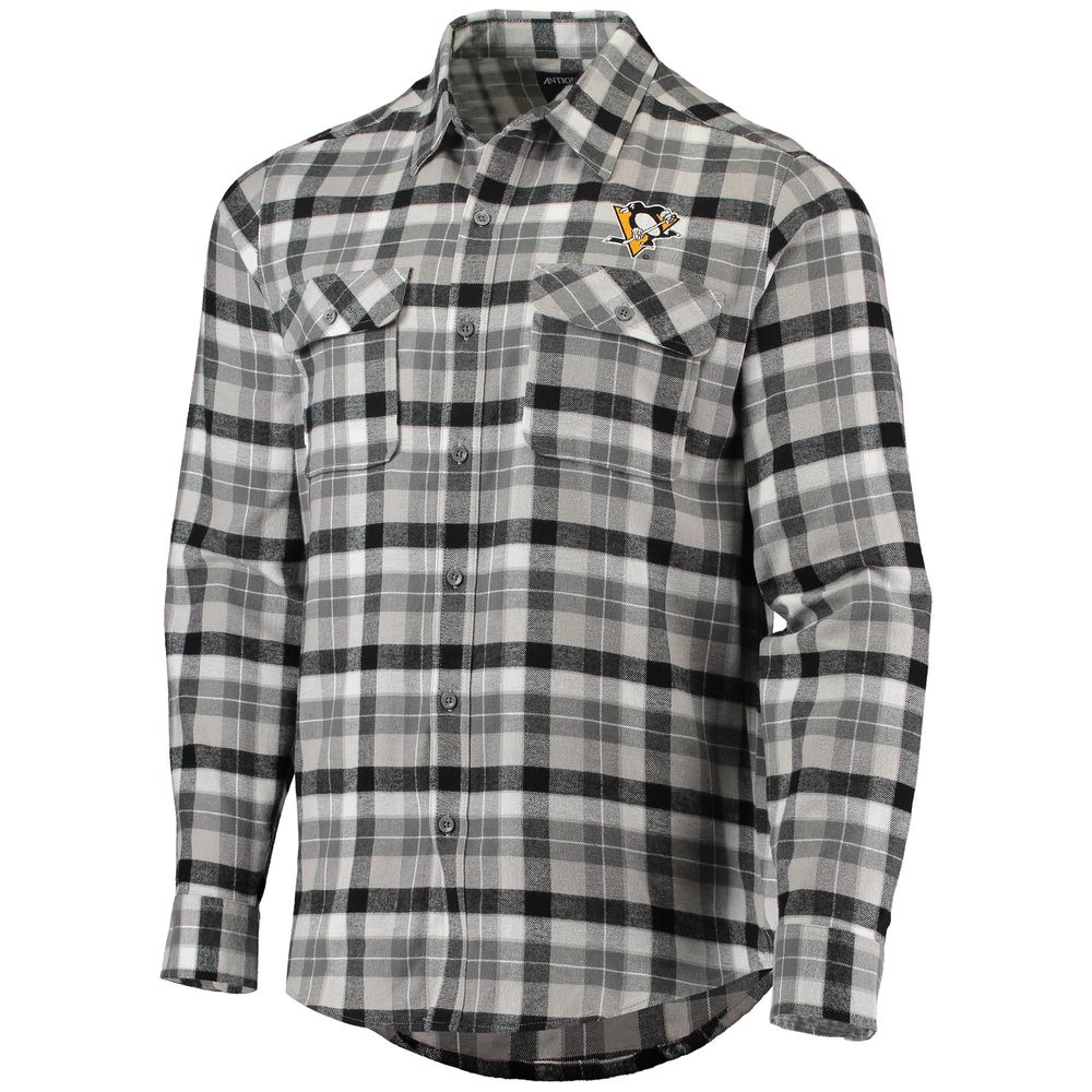 Men's Antigua Black/Gray Pittsburgh Penguins Ease Plaid Button-Up Long Sleeve Shirt