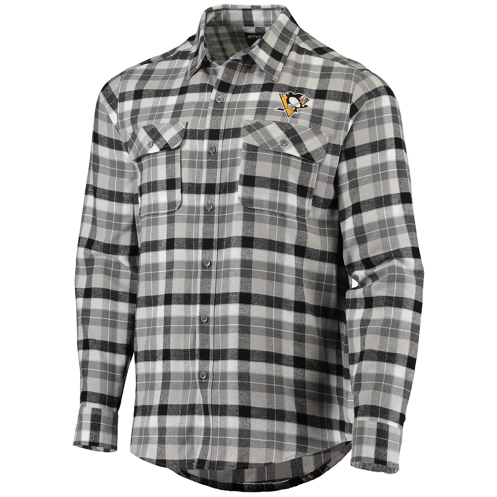 Men's Antigua Black/Gray Pittsburgh Penguins Ease Plaid Button-Up Long Sleeve Shirt