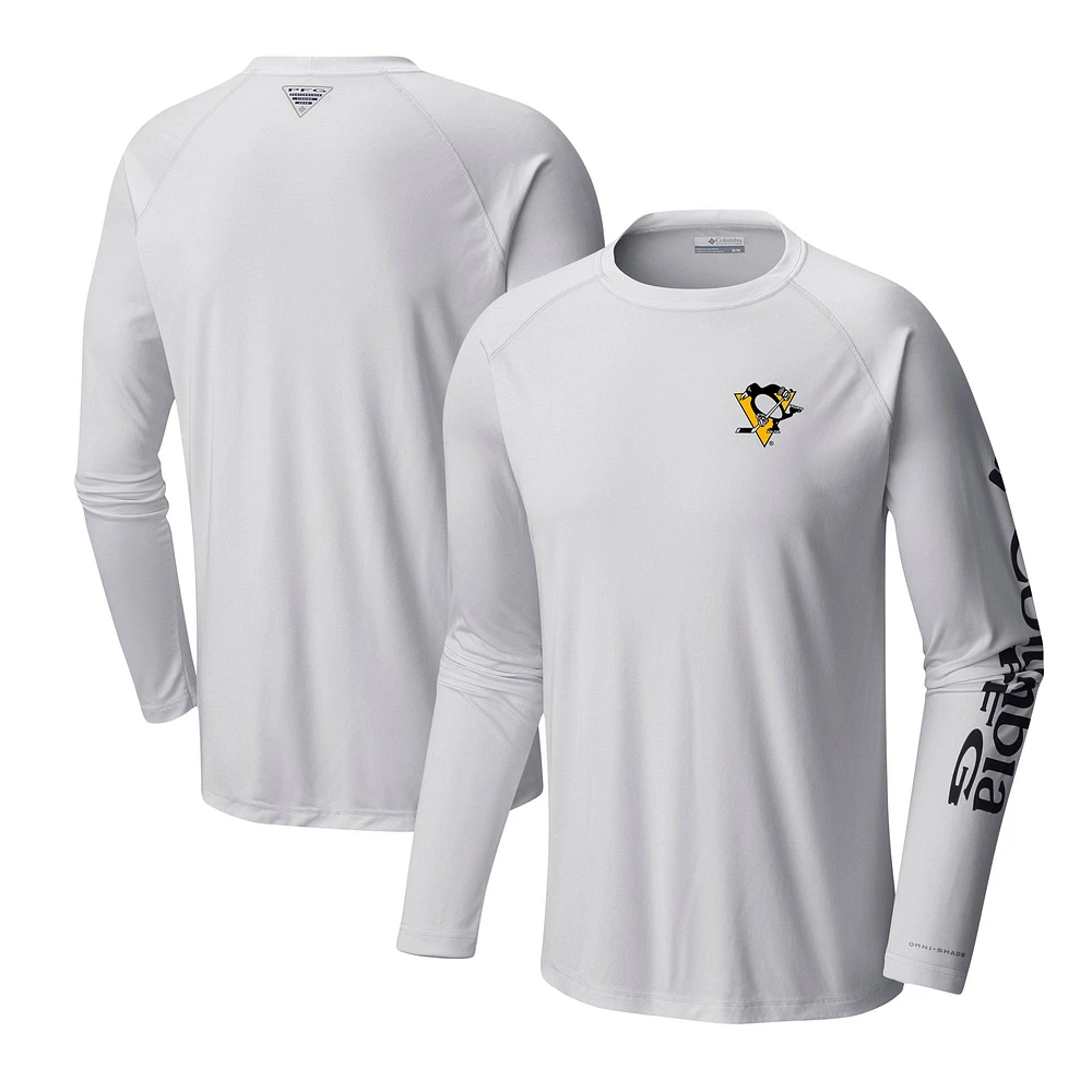 T-shirt blanc à manches longues raglan Omni-Shade Terminal Tackle des Penguins de Pittsburgh Columbia pour hommes