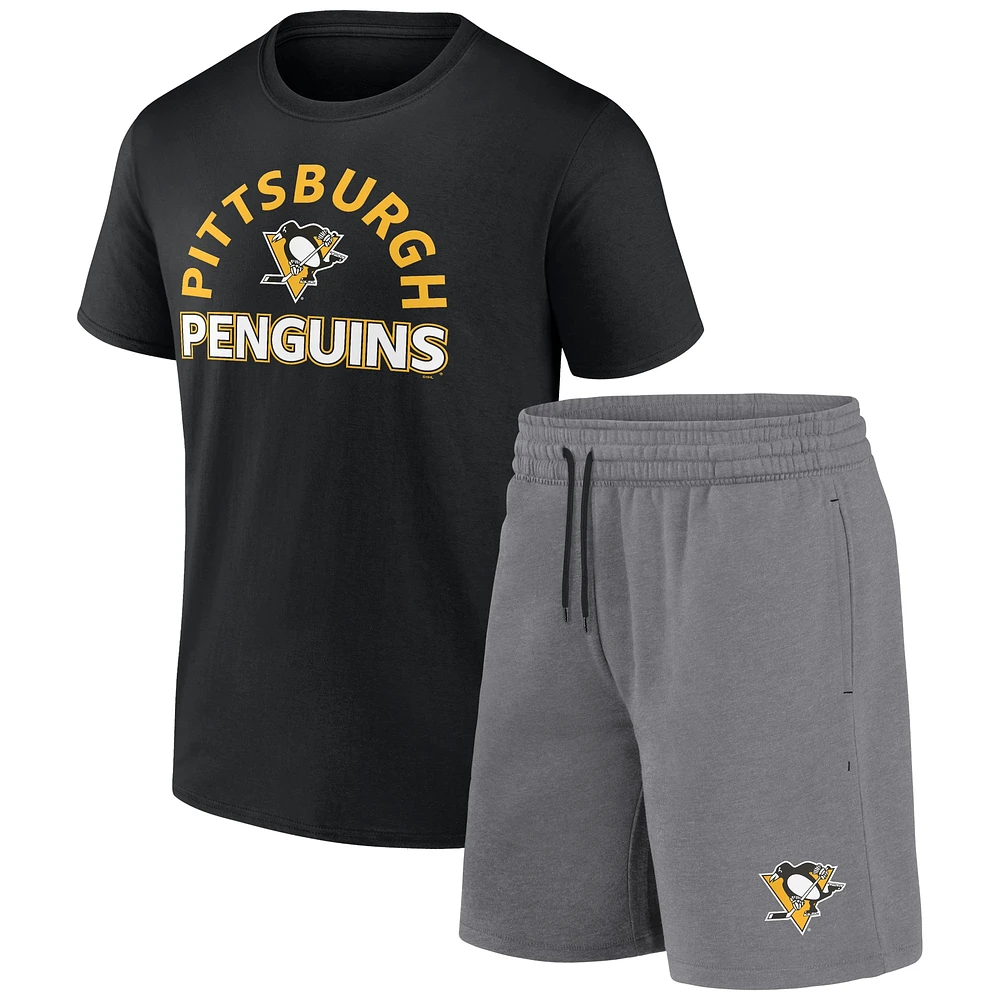 Pack combiné de t-shirts et shorts Humble des Penguins Pittsburgh Fanatics pour hommes, noir/gris chiné