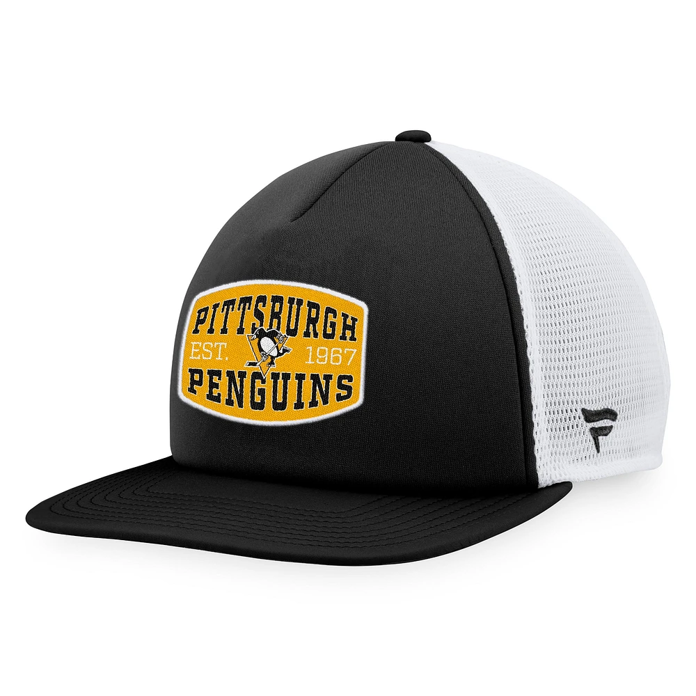 Casquette Snapback de camionneur avec patch en mousse sur le devant des Penguins de Pittsburgh Fanatics pour hommes, noir/blanc