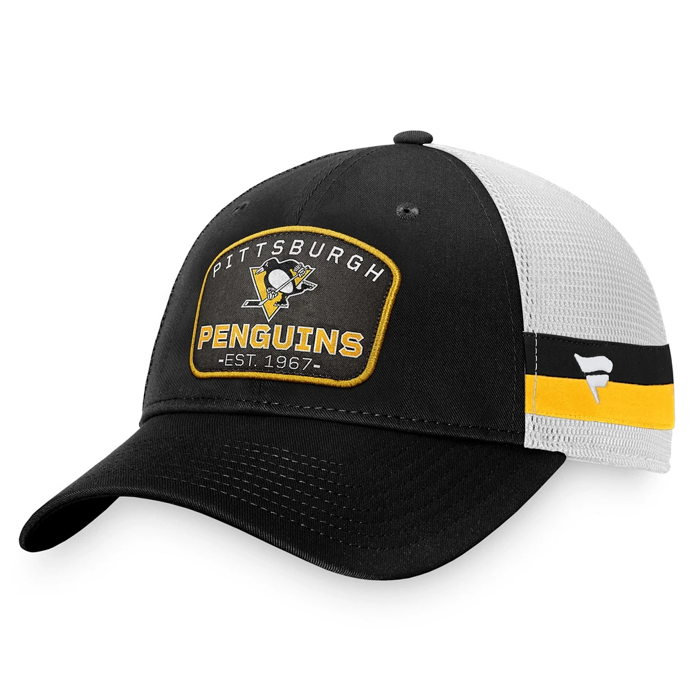 Men's Fanatics Black/White Pittsburgh Penguins Fundamental Striped Trucker Adjustable Hat