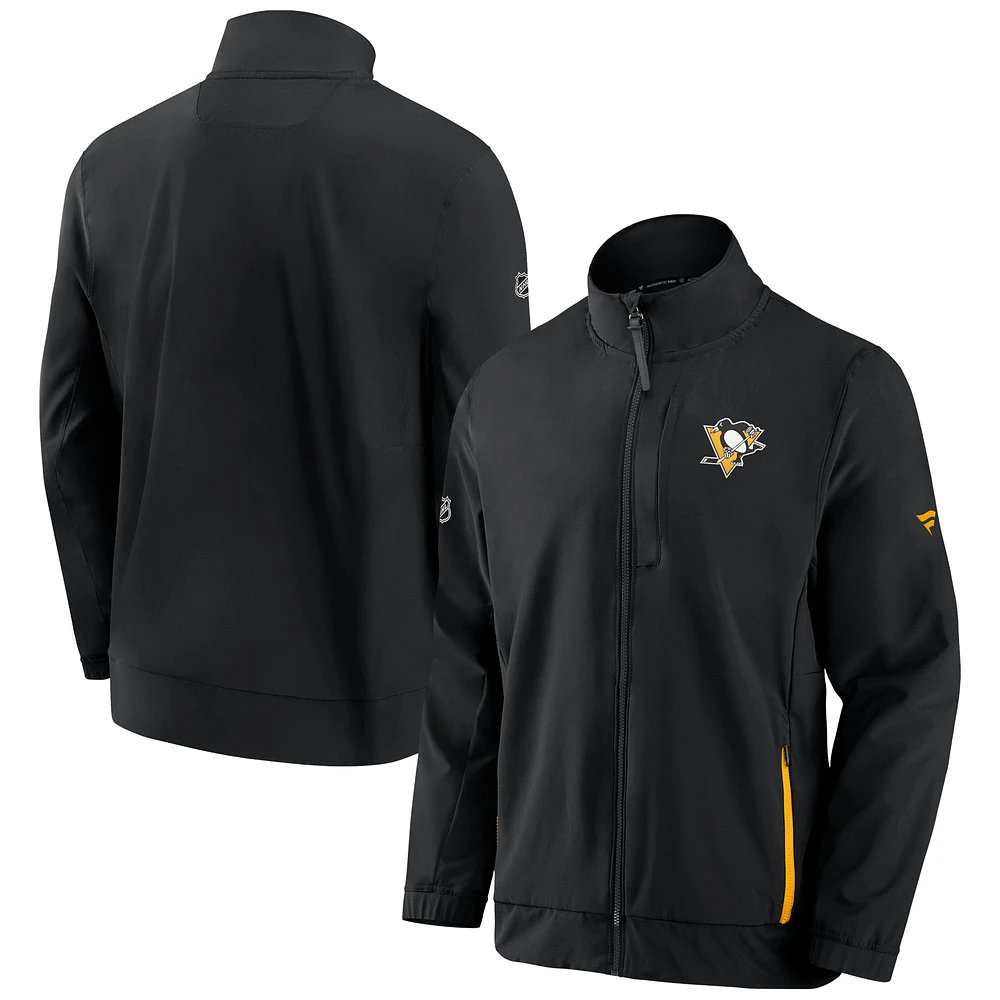 Veste noire à fermeture éclair complète des entraîneurs de patinoire professionnelle authentiques Penguins Pittsburgh marque Fanatics pour hommes