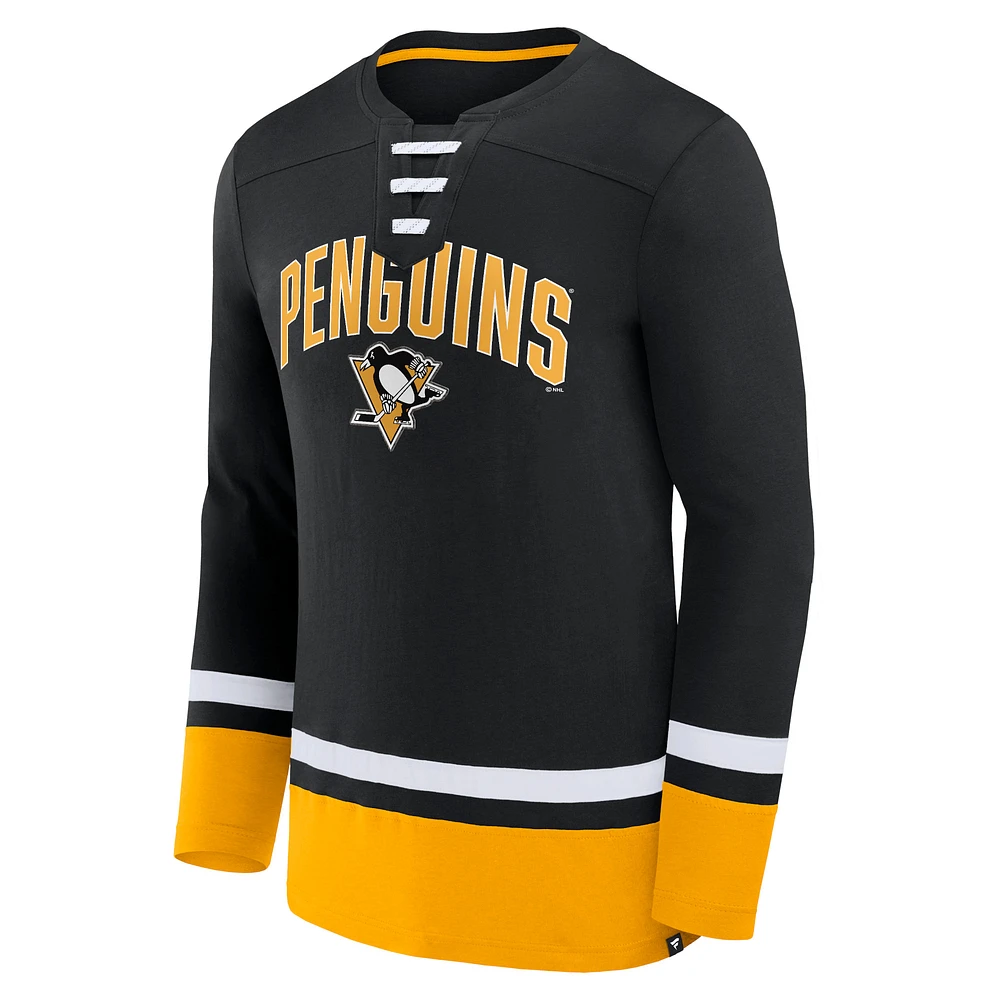 T-shirt noir à manches longues lacets Fanatics Pittsburgh Penguins Back Pass pour hommes