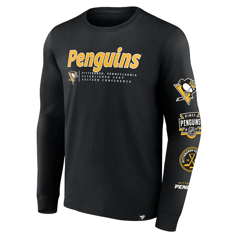 T-shirt noir à manches longues Fanatics pour hommes des Penguins de Pittsburgh Strike the Goal