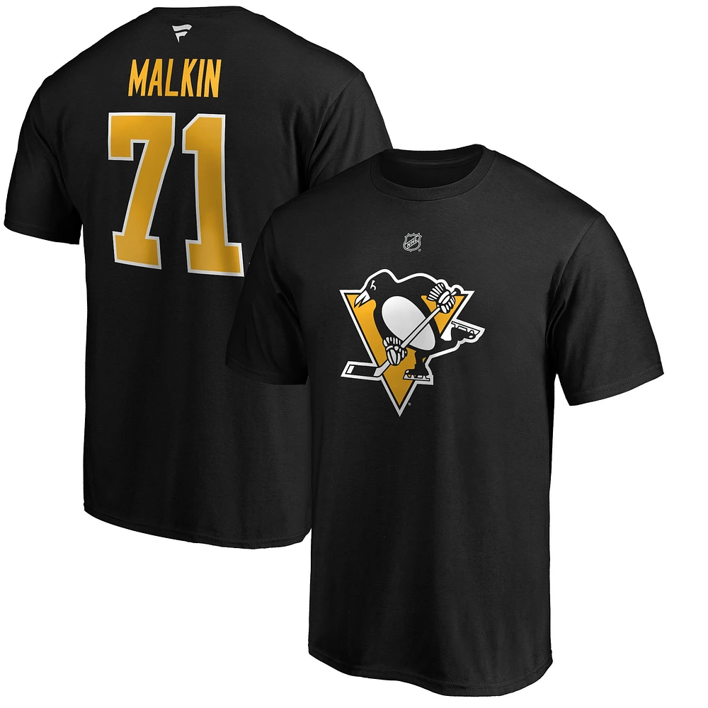 T-shirt noir avec nom et numéro de pile authentique l'équipe des Penguins Pittsburgh Fanatics Evgeni Malkin pour hommes