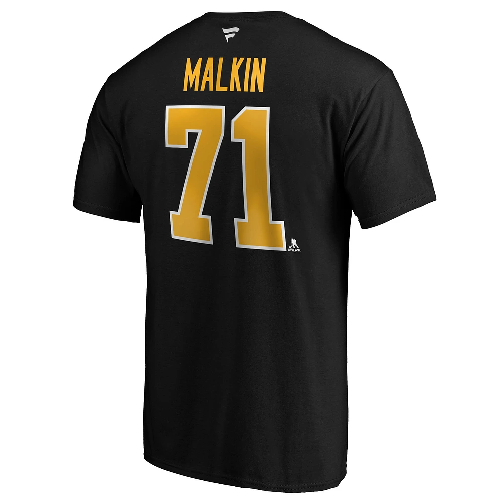 T-shirt noir avec nom et numéro de pile authentique l'équipe des Penguins Pittsburgh Fanatics Evgeni Malkin pour hommes