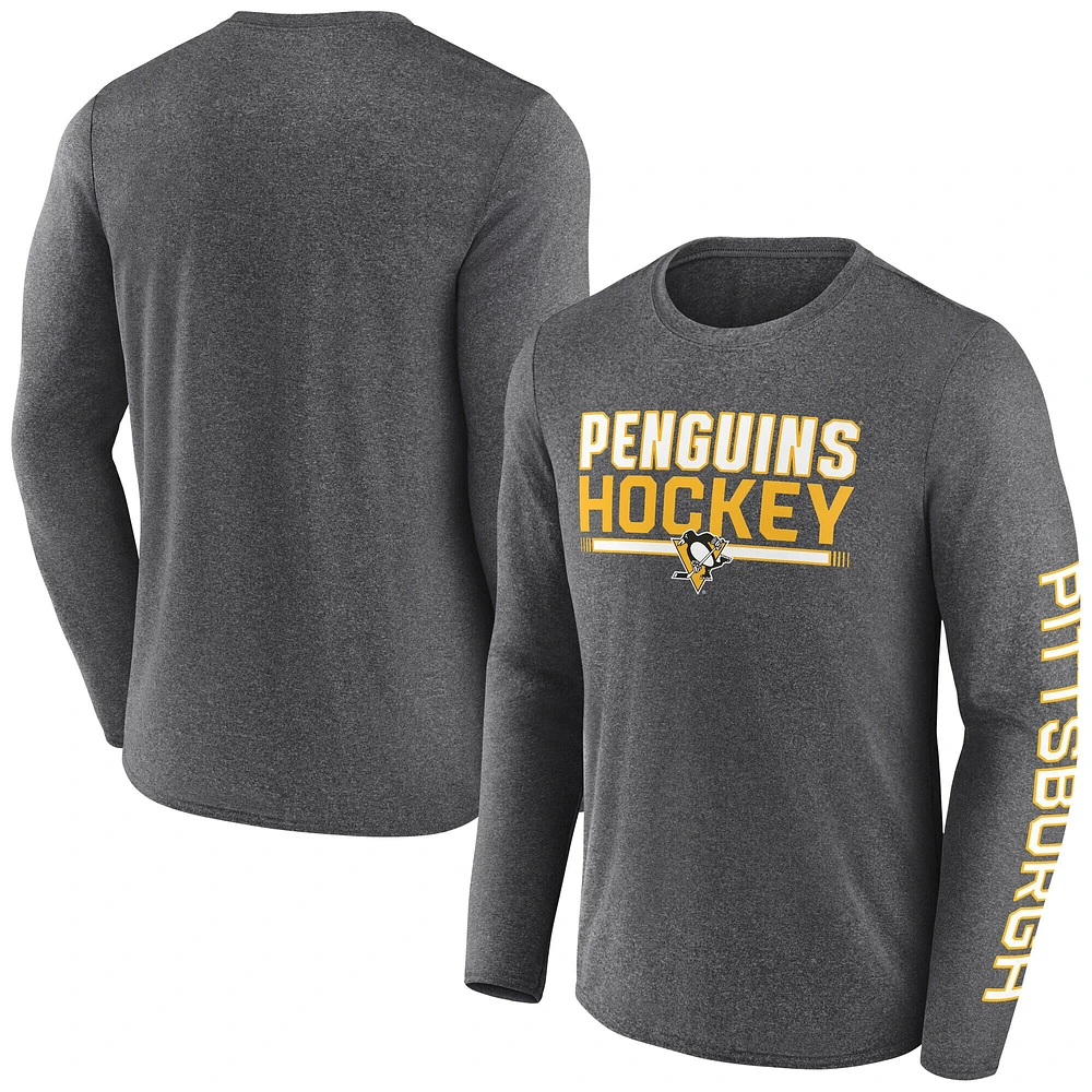 T-shirt synthétique à manches longues emblématique Fanatics Heather Charcoal Pittsburgh Penguins Sweep pour hommes
