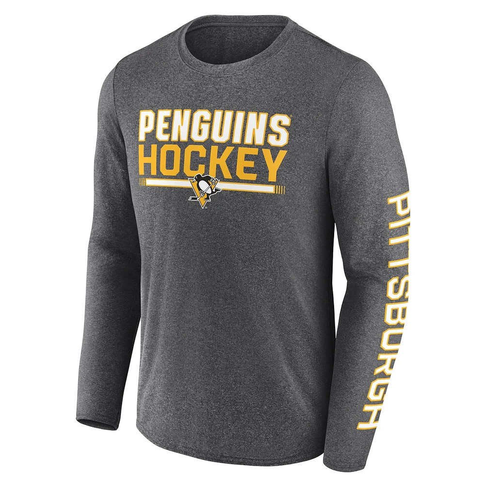T-shirt synthétique à manches longues emblématique Fanatics Heather Charcoal Pittsburgh Penguins Sweep pour hommes