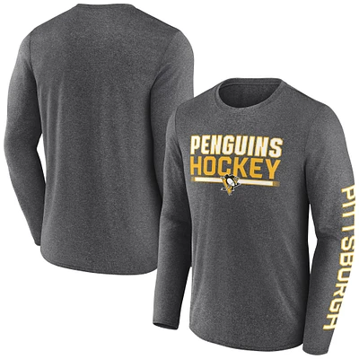 T-shirt synthétique à manches longues emblématique Fanatics Heather Charcoal Pittsburgh Penguins Sweep pour hommes