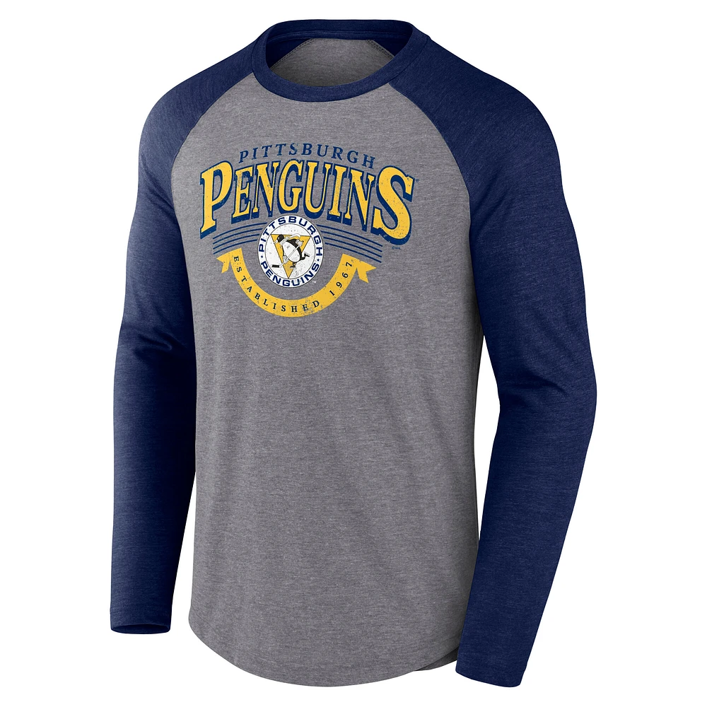 Men's Fanatics Heather Gray/Heather Navy Pittsburgh Penguins Goal Crease Raglan Tri-Blend Long Sleeve T-Shirt