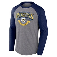 Men's Fanatics Heather Gray/Heather Navy Pittsburgh Penguins Goal Crease Raglan Tri-Blend Long Sleeve T-Shirt