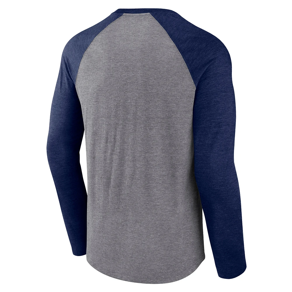 Men's Fanatics Heather Gray/Heather Navy Pittsburgh Penguins Goal Crease Raglan Tri-Blend Long Sleeve T-Shirt