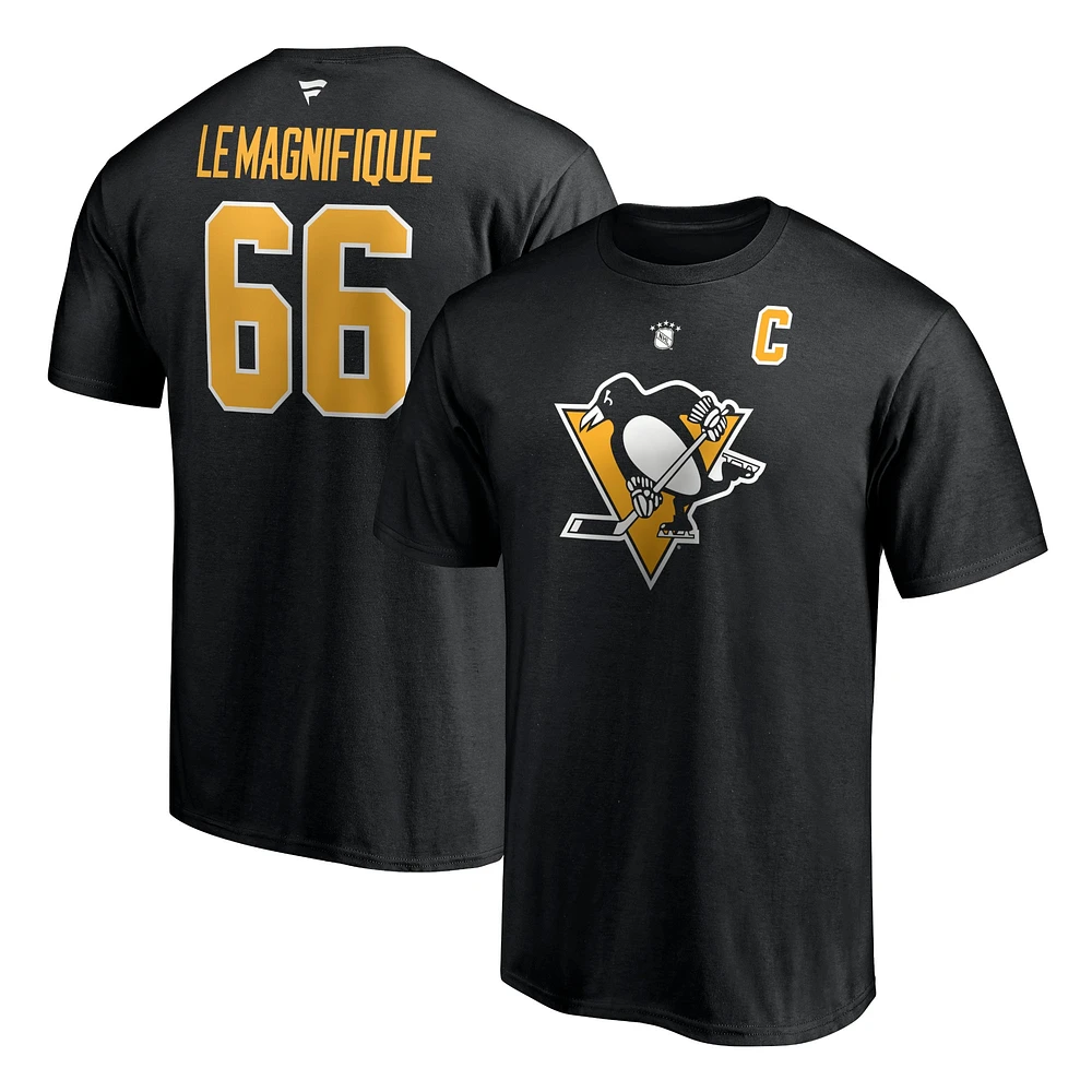 Fanatics pour hommes de marque Mario Lemieux Black Pittsburgh Penguins Authentic Stack Retired Player Name & Number - T-shirt