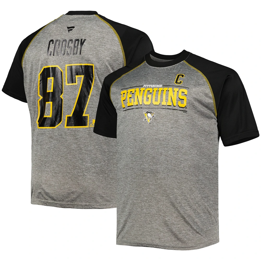 Fanatics pour hommes Sidney Crosby gris chiné/noir Pittsburgh Penguins Big & Tall - T-shirt avec nom et numéro raglan contrastés