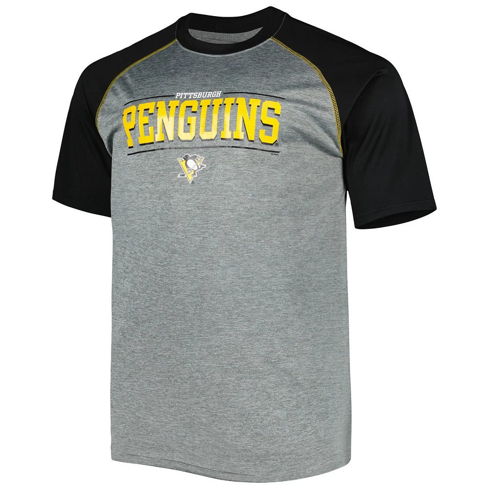 T-shirt raglan avec logo grand et des Penguins de Pittsburgh, gris chiné pour hommes