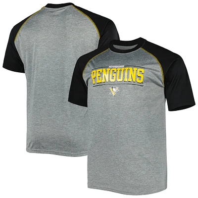 T-shirt raglan avec logo grand et des Penguins de Pittsburgh, gris chiné pour hommes