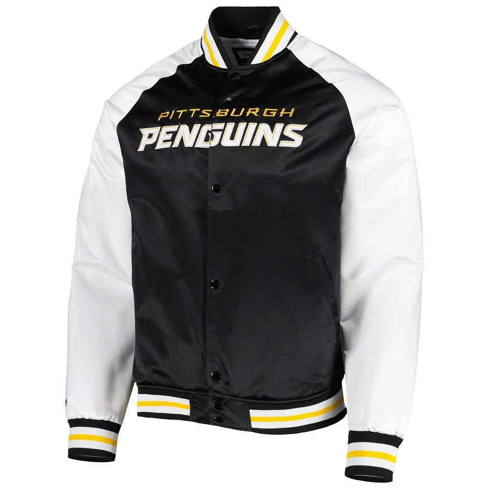 Men's Mitchell & Ness Black/White Pittsburgh Penguins Primetime Raglan Satin Full-Snap Jacket