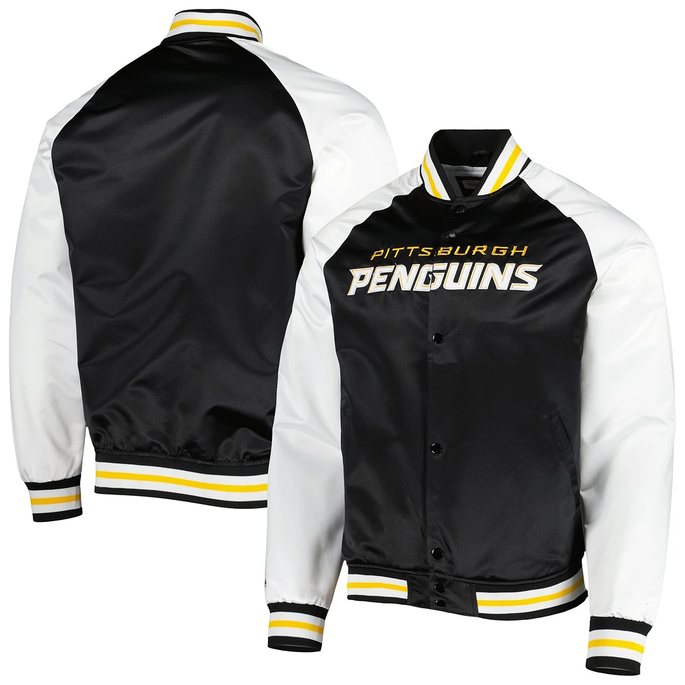 Veste à bouton-pression en satin Primetime Raglan des Penguins de Pittsburgh noir/blanc Mitchell & Ness pour hommes