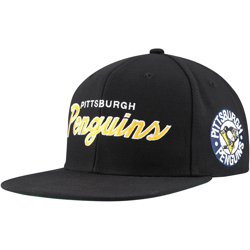 Casquette Snapback noire Mitchell & Ness Core Team Script 2.0 des Penguins de Pittsburgh pour hommes