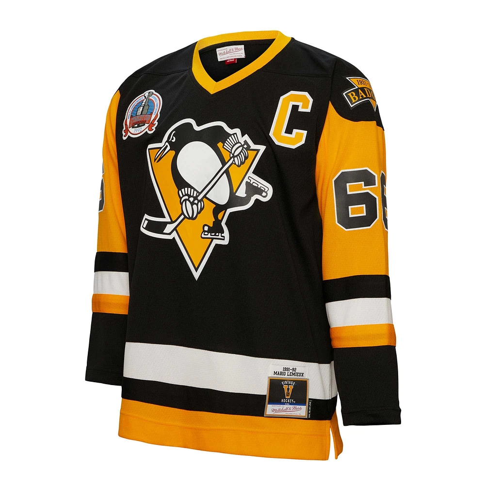 Homme Mitchell & Ness Mario Lemieux Black Pittsburgh Penguins 1991 Captain Patch Blue Line Player Jersey