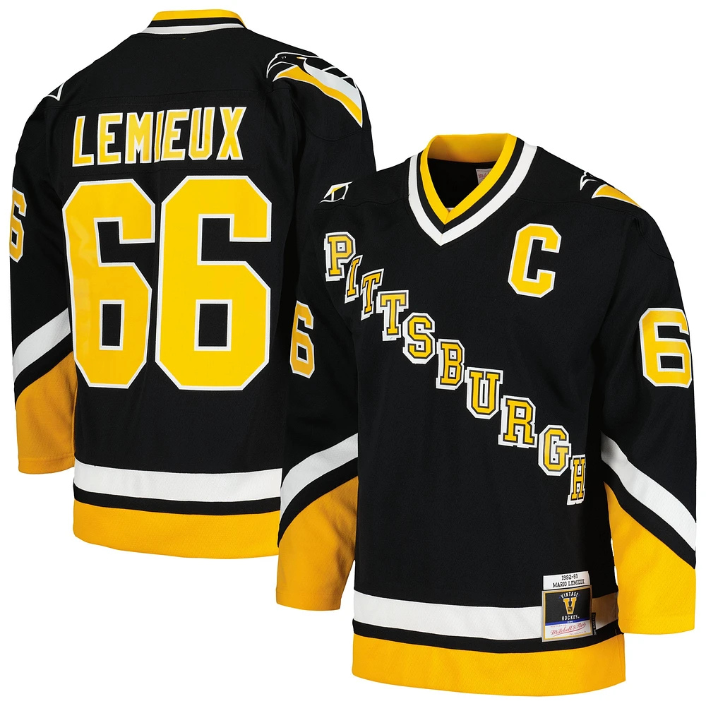 Maillot de joueur la ligne bleue Mitchell & Ness Mario Lemieux noir des Penguins Pittsburgh 1992/93 pour hommes