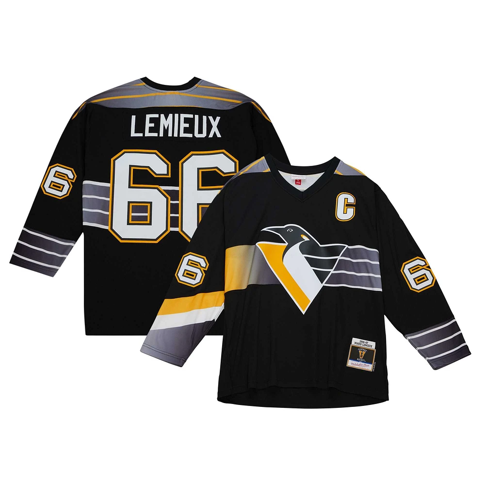 Men's Mitchell & Ness Mario Lemieux Black Pittsburgh Penguins Captain's Patch 1996/97 Blue Line Player Jersey