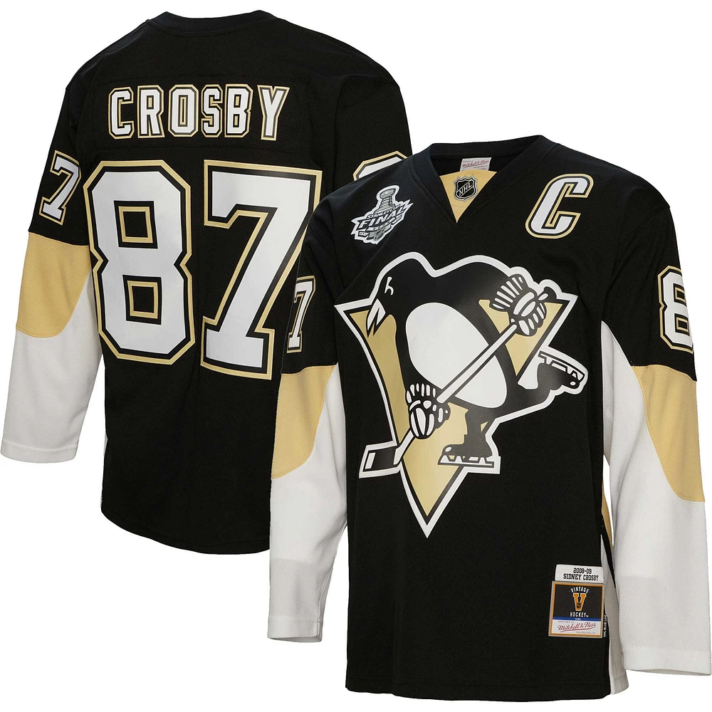 Homme Mitchell & Ness Sidney Crosby Black Pittsburgh Penguins 2008 Captain Patch Blue Line Player Jersey