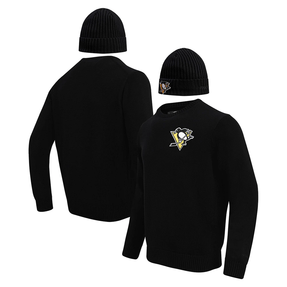 Coffret cadeau pull-over et chapeau en tricot à revers Pro Standard pour hommes des Penguins de Pittsburgh noirs