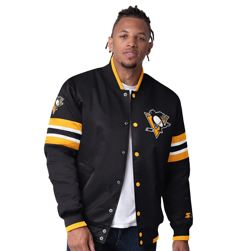 Men's Starter Black Pittsburgh Penguins Scout I Full-Snap Varsity Jacket