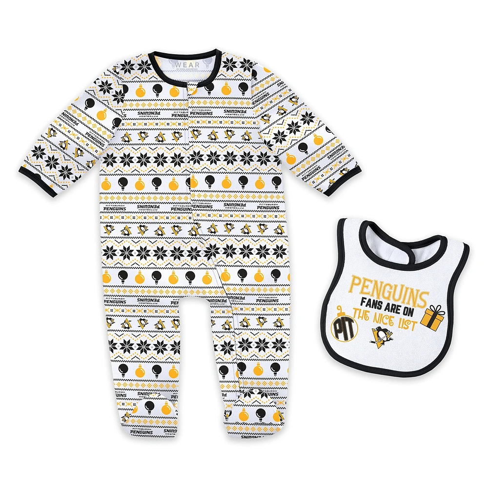 Ensemble de Noël pour nouveau-né WEAR by Erin Andrews avec pyjama et bavoir à fermeture éclair imprimé intégral des Penguins Pittsburgh