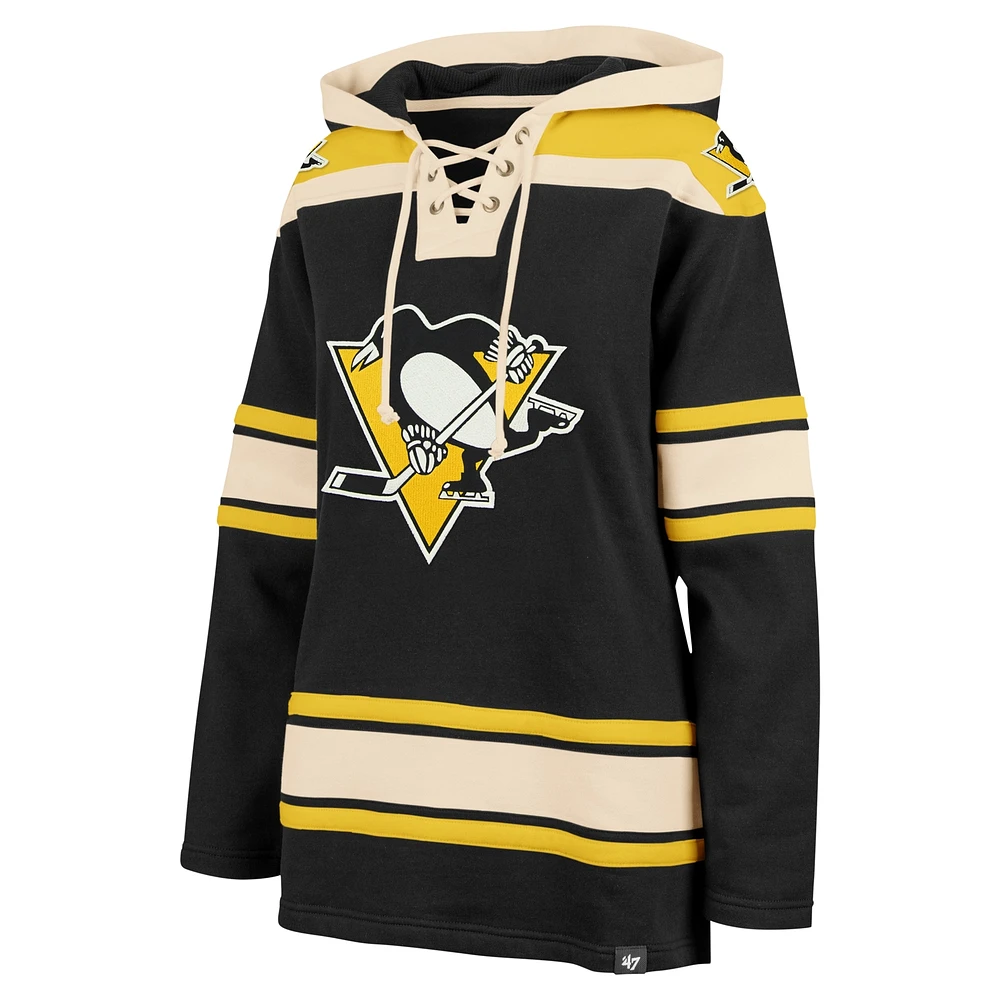 Women's '47  Black Pittsburgh Penguins Superior Lacer Pullover Hoodie