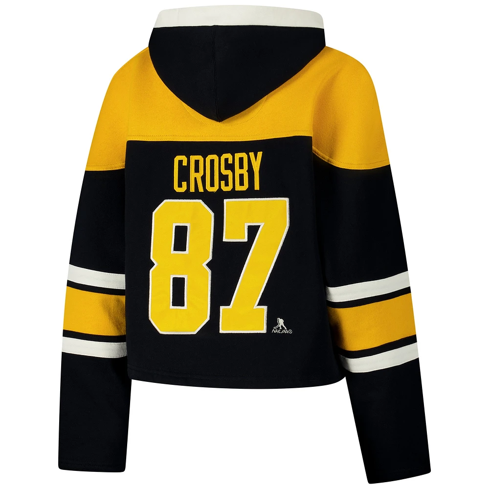 Sweat à capuche court lacets noir '47 Sidney Crosby pour femme des Penguins de Pittsburgh