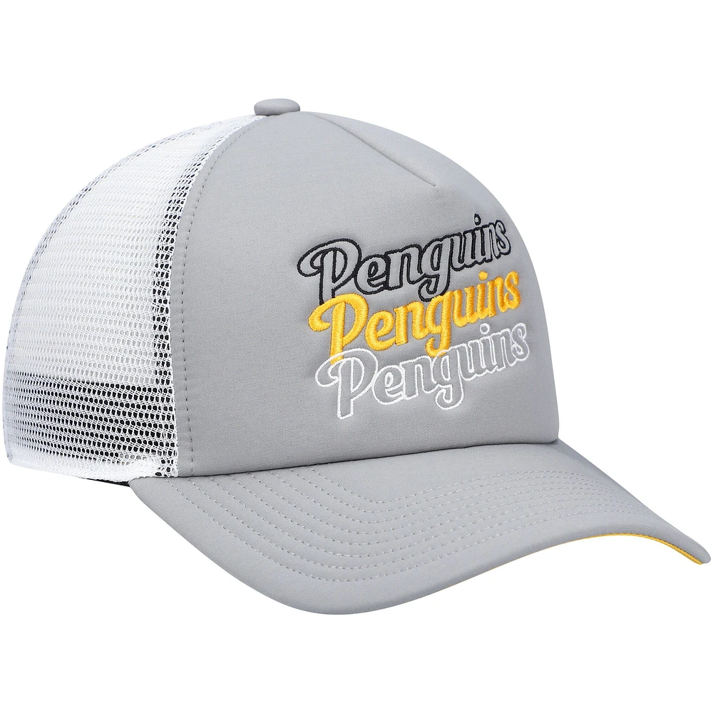 Casquette snapback de camionneur en mousse des Penguins de Pittsburgh adidas gris/blanc pour femme