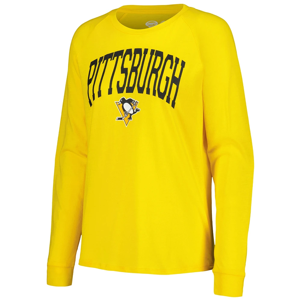 Women's Concepts Sport Black/Gold Pittsburgh Penguins Meter Knit Long Sleeve Raglan Top & Shorts Sleep Set