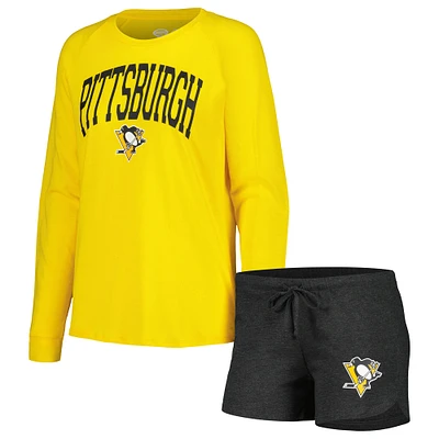 Ensemble de nuit Concepts Sport noir/or Pittsburgh Penguins en tricot à manches longues et short raglan pour femmes