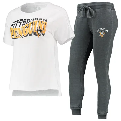 Pittsburgh Penguins Concepts Sport Women's Resurgence Slub Burnout Raglan T-Shirt & Joggers Sleep Set - Charcoal/White