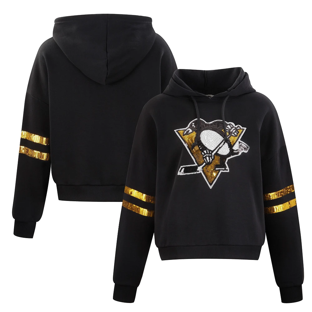 Sweat à capuche court sequins Cuce Black Pittsburgh Penguins pour femme