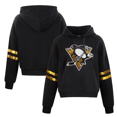 Sweat à capuche court sequins Cuce Black Pittsburgh Penguins pour femme