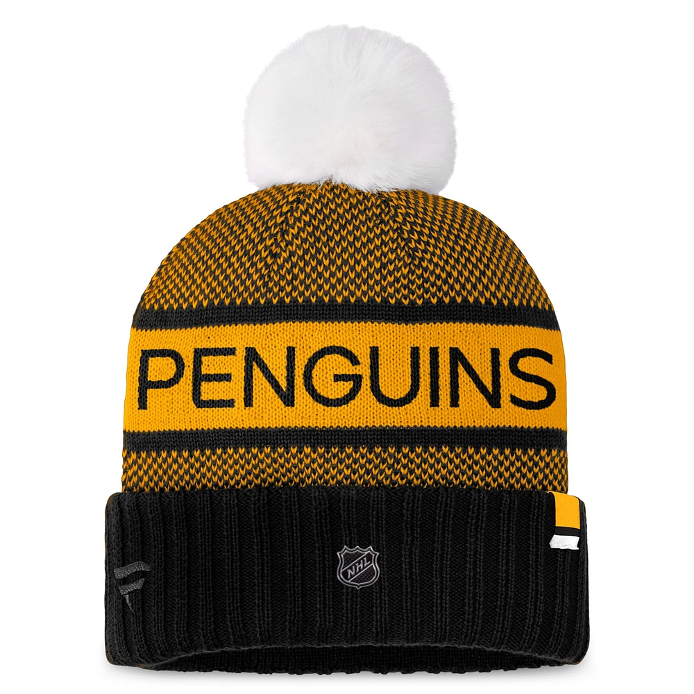 Bonnet en tricot à revers authentique Pro Rink Fanatics pour femmes noir/or avec pompon des Penguins de Pittsburgh