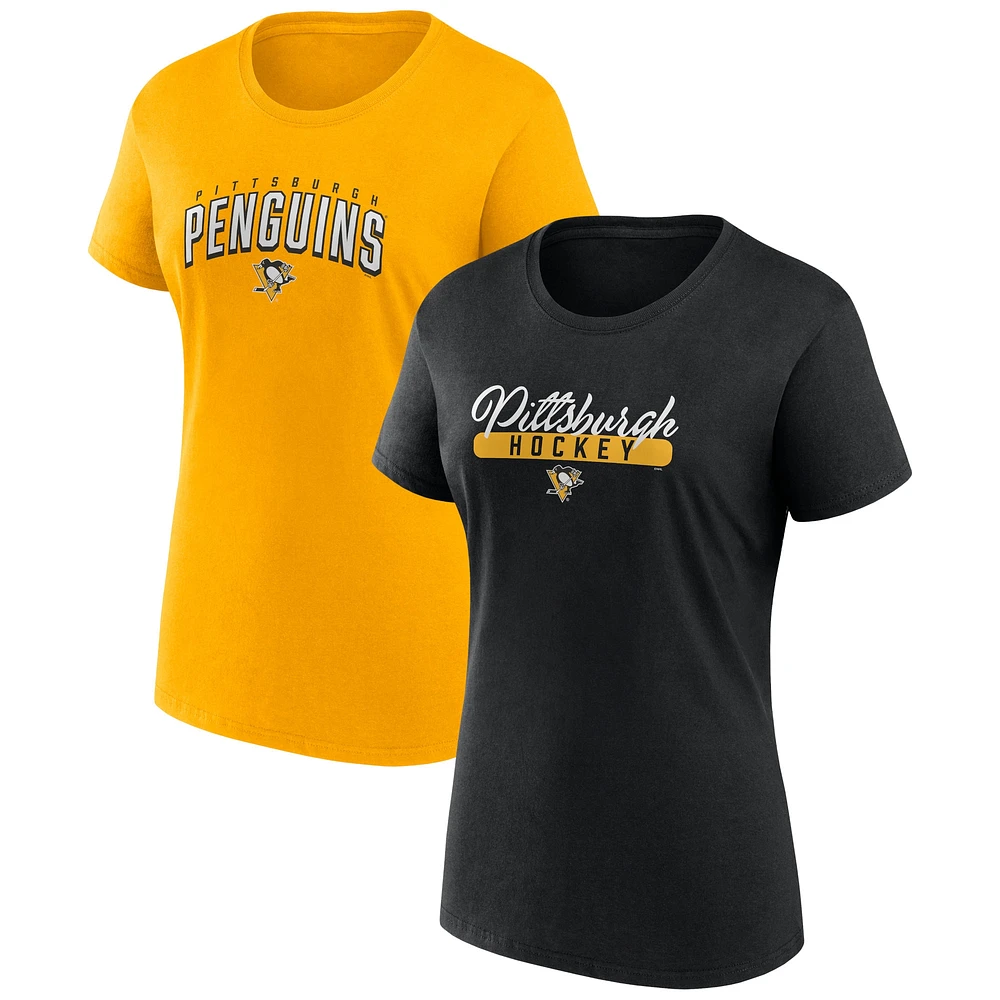 Ensemble de deux t-shirts fan Fanatics pour femmes, noir/or, Pittsburgh Penguins