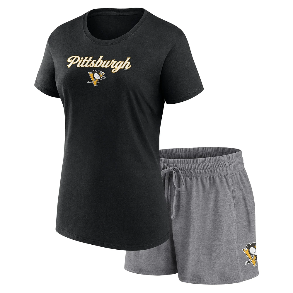 Women's Fanatics Black/Gray Pittsburgh Penguins Script T-Shirt & Shorts Set