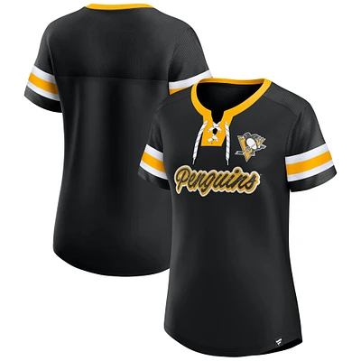 T-shirt à lacets emblématique Athena des Penguins de Pittsburgh pour femmes Fanatics noir