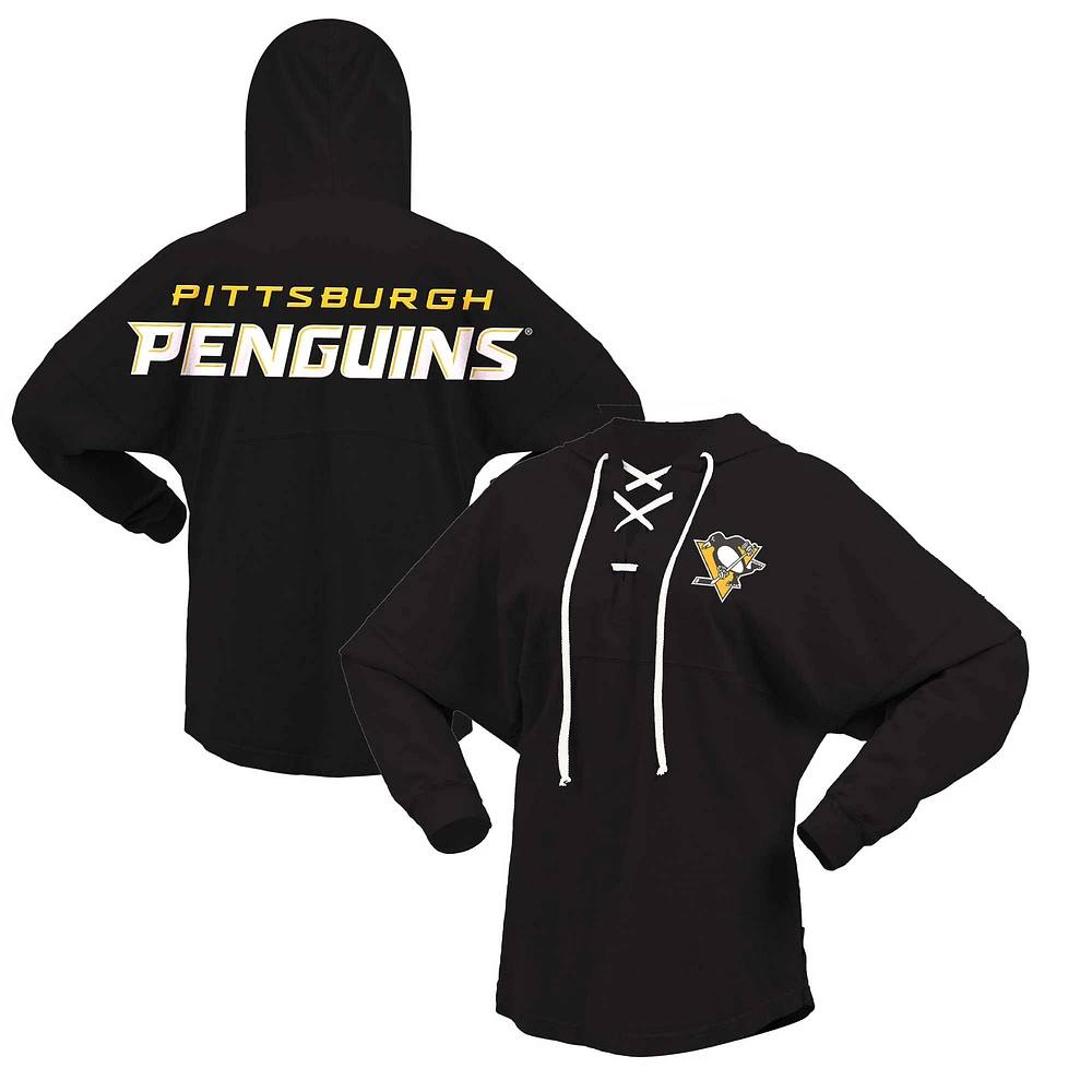 Women's Fanatics Black Pittsburgh Penguins Jersey Lace-Up V-Neck Long Sleeve Hoodie T-Shirt